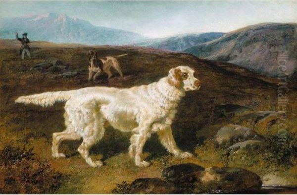 A Gentleman Out Shooting With A Setter And A Pointer Oil Painting by John Frederick Herring Snr