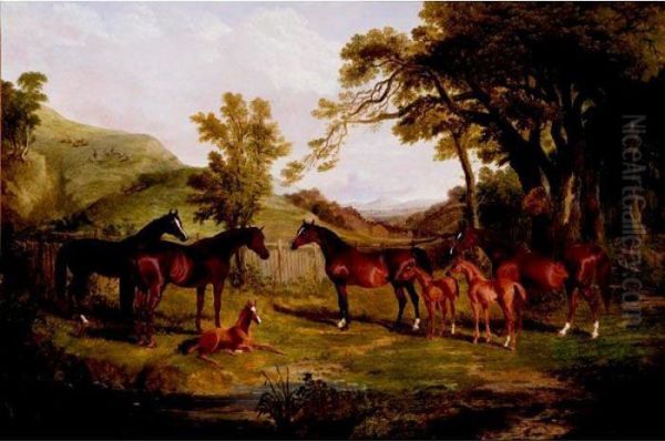 The Streatlam Stud, Mares And Foals Belonging To John Bowes Mp Oil Painting by John Frederick Herring Snr