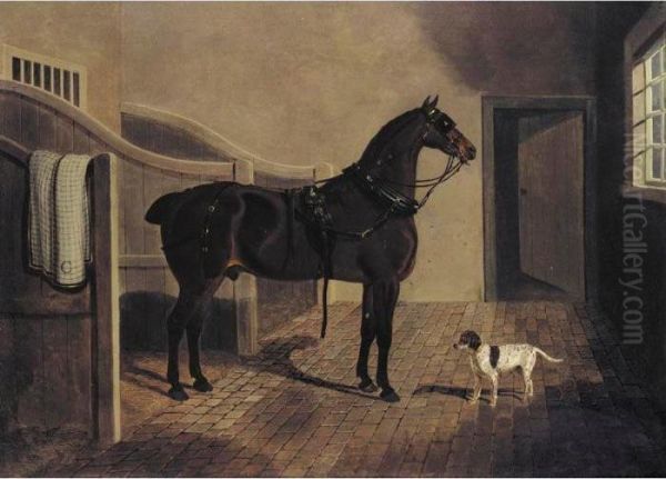 A Favorite Coach Horse And Dog In A Stable Oil Painting by John Frederick Herring Snr