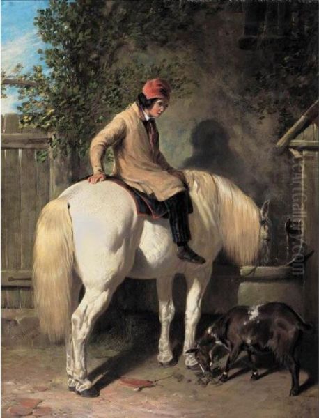 Refreshment, A Boy Watering His Grey Pony Oil Painting by John Frederick Herring Snr