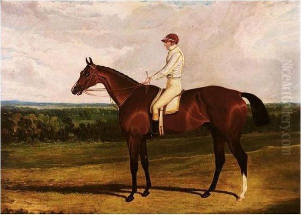 Spaniel, A Bay Racehorse With William Wheatley Up, In A Landscape Oil Painting by John Frederick Herring Snr