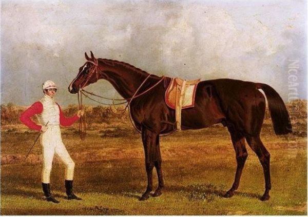 Euclid, A Chestnut Racehorse Held By His Jockey, Patrick Conolly, In A Landscape Oil Painting by John Frederick Herring Snr