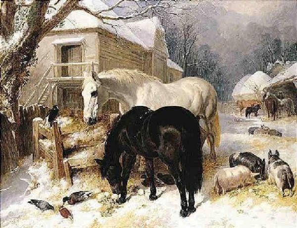 Feeding Time In Winter Oil Painting by John Frederick Herring Snr