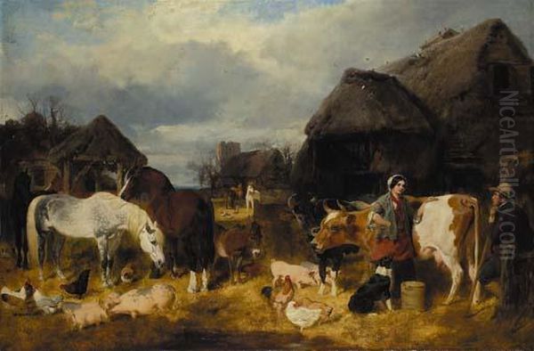 A Farmyard Scene With Milkmaid And A Farm Labourer Oil Painting by John Frederick Herring Snr