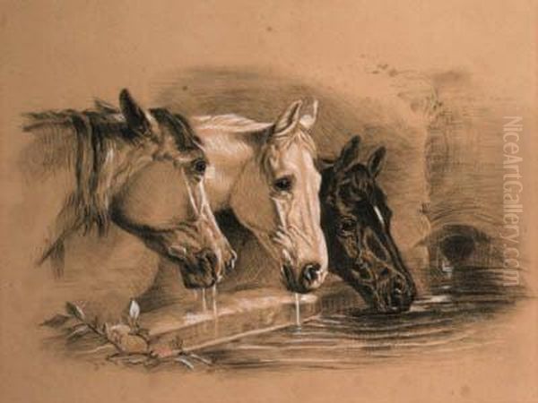 Three Horses Drinking, A Head Study Oil Painting by John Frederick Herring Snr