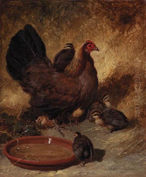 A Hen And Chicks Oil Painting by John Frederick Herring Snr