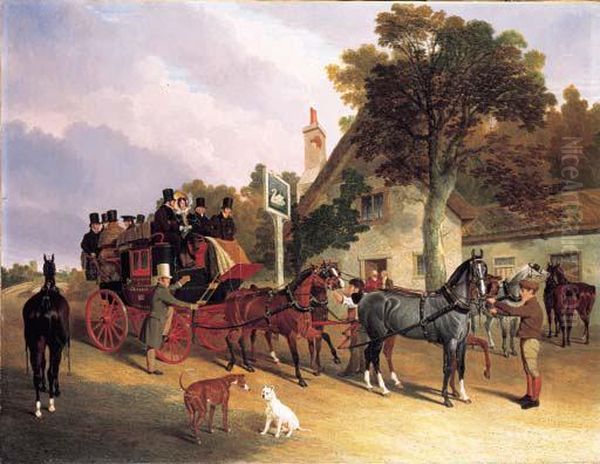 The London-to-leeds Stage Coach Changing Horses At The Swan Inn,bottisham, Cambridge Oil Painting by John Frederick Herring Snr