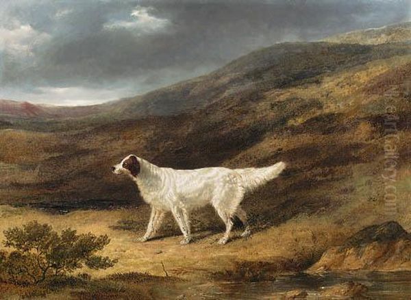 A Pointer On A Moor Oil Painting by John Frederick Herring Snr