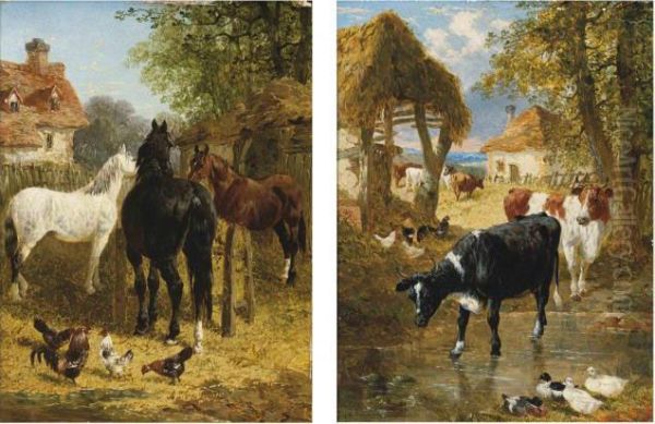 Feeding Time; And The Farm Pond Oil Painting by John Frederick Herring Snr