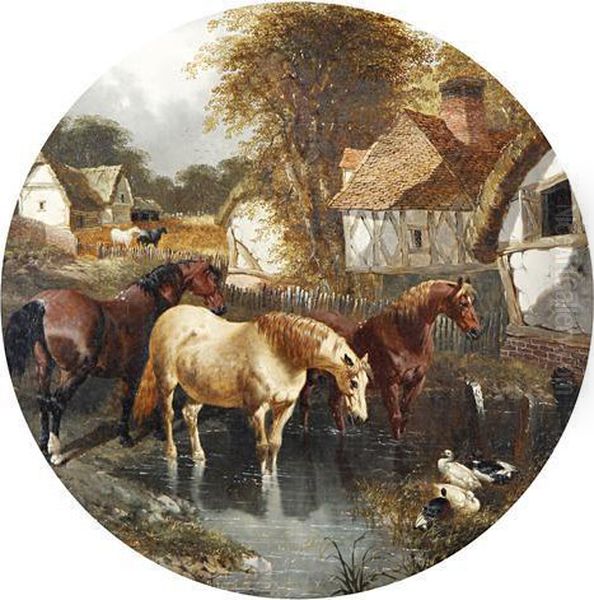 Horses Watering Oil Painting by John Frederick Herring Snr