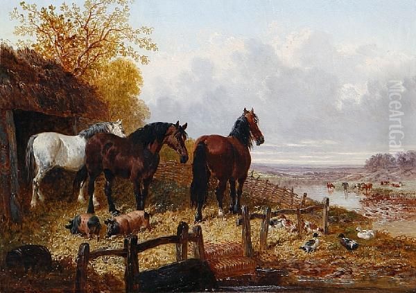 Horses In A Farmyard Oil Painting by John Frederick Herring Snr