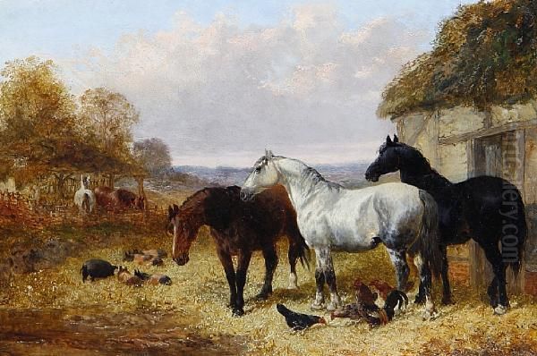 Horses In A Farmyard Oil Painting by John Frederick Herring Snr