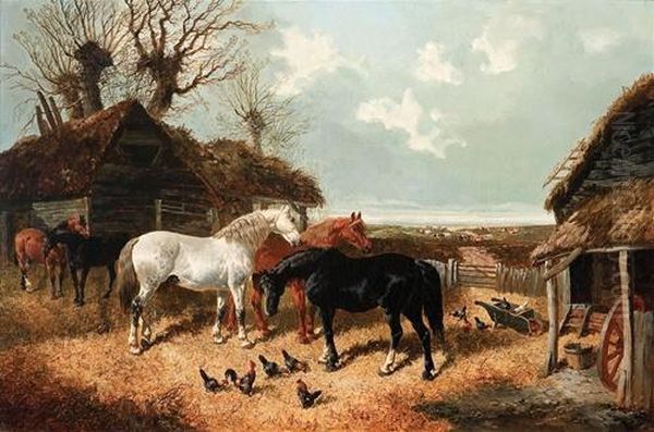 Horses In The Yard Oil Painting by John Frederick Herring Snr