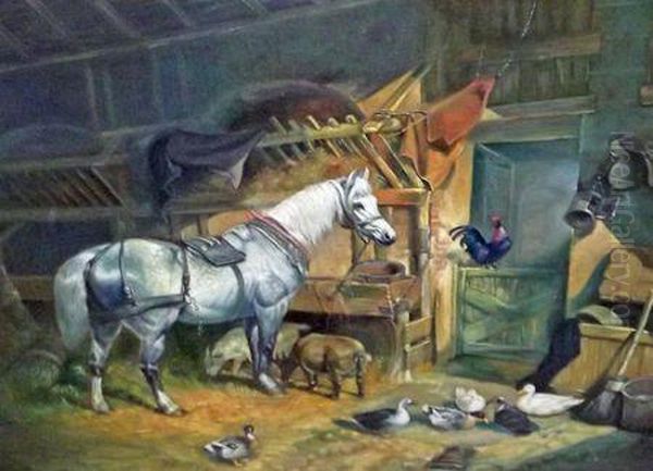 Stable Interiorwith Horse And Farm Animals Oil Painting by John Frederick Herring Snr