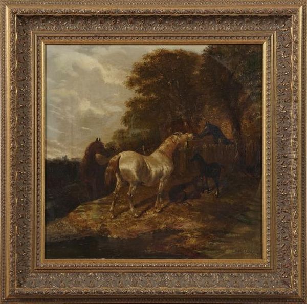 A Gray, Bay, Black Blaze And Two Foals At Fence Oil Painting by John Frederick Herring Snr