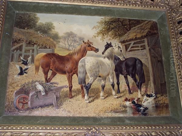 Horses, Ducks And Birds By A Barn Oil Painting by John Frederick Herring Snr