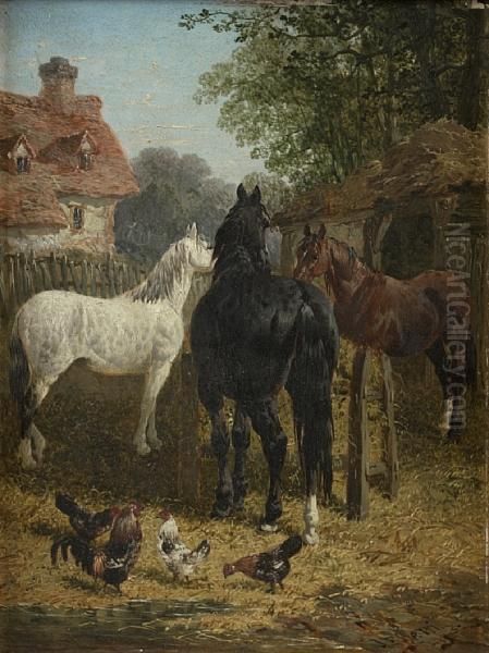 Horses At A Trough; Cattle Watering At Astream Oil Painting by John Frederick Herring Snr