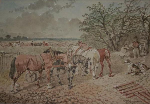 Farm Horses And Workers In A Field Oil Painting by John Frederick Herring Snr