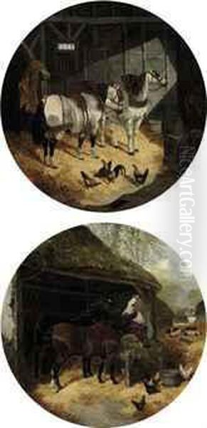 Horses In Farmyard; And Carthorses In A Stable Oil Painting by John Frederick Herring Snr