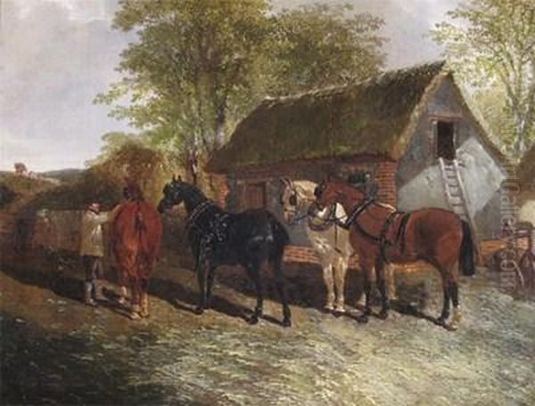 Work Horses By A Barn Oil Painting by John Frederick Herring Snr