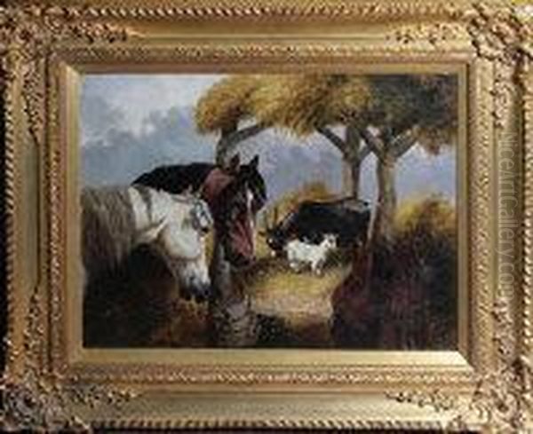 Horses And Goats In A Byer Oil Painting by John Frederick Herring Snr