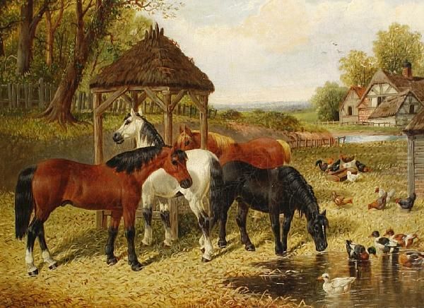 Horses And Ducks In A Farmyard Oil Painting by John Frederick Herring Snr