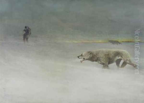 Wolves hunting an explorer 1900 Oil Painting by H. Morgal