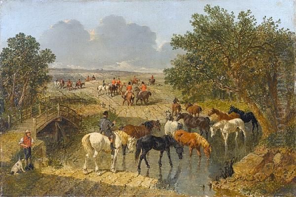 Horses Watering With A Hunt Beyond Oil Painting by John Frederick Herring Snr