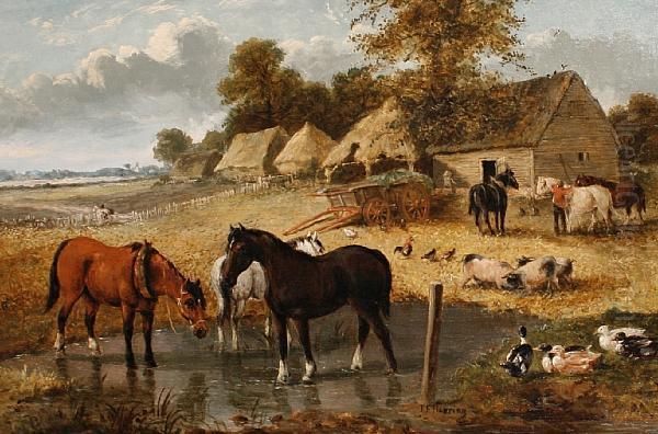 Farmyard Scene With Horses Drinking From Astream Oil Painting by John Frederick Herring Snr