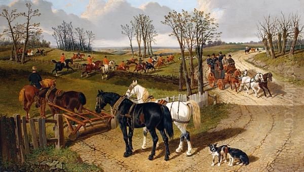 A Country Scene With Plough Horses In Theforeground And A Hunt Beyond Oil Painting by John Frederick Herring Snr