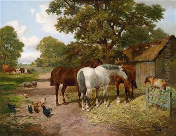 Am Bauernhof - Pferde Und Huhner Oil Painting by John Frederick Herring Snr