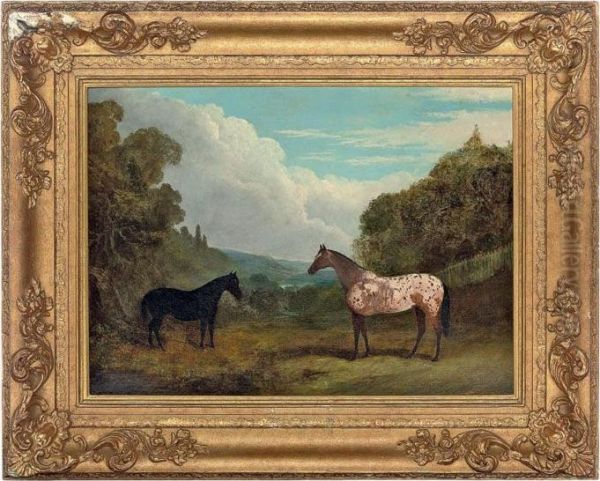 An Appaloosa And A Black Horse In An Extensive Landscape Oil Painting by John Frederick Herring Snr