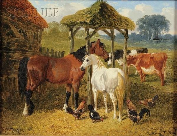 Horses In A Farmyard Oil Painting by John Frederick Herring Snr