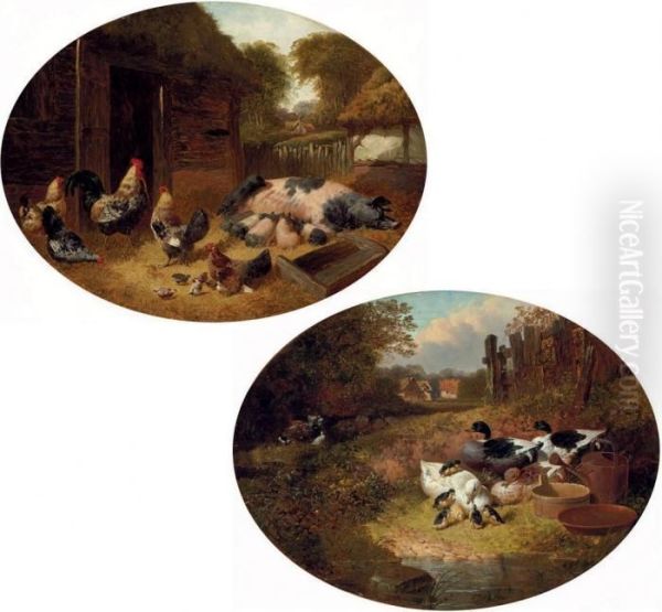 Pigs And Chickens In A Farmyard Oil Painting by John Frederick Herring Snr