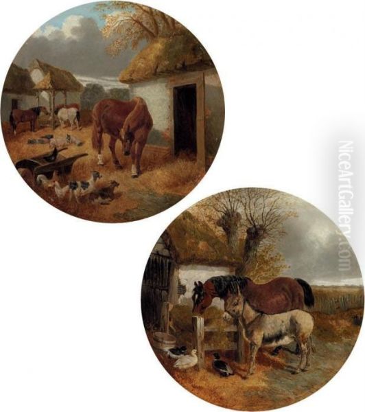 A Donkey, A Horse And Poultry In A Farmyard Oil Painting by John Frederick Herring Snr