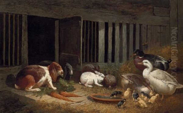 Rabbits And Ducks In A Hutch Oil Painting by John Frederick Herring Snr