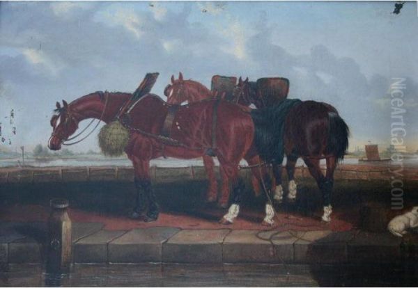 Three Barge Horses And A Dog By A Canal Oil Painting by John Frederick Herring Snr