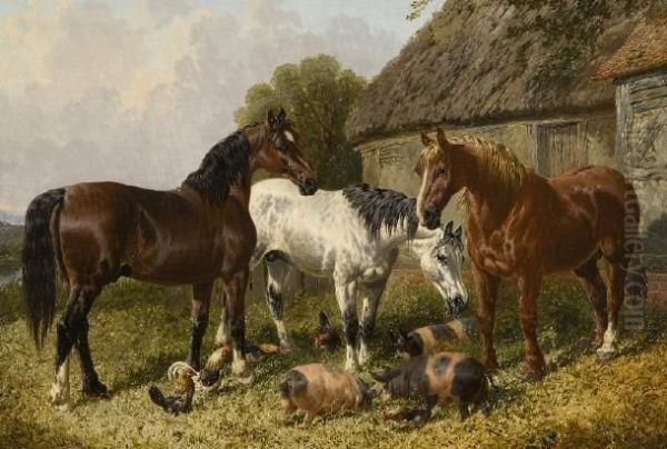 Horses With Pigs And Chickens By A Barn Oil Painting by John Frederick Herring Snr