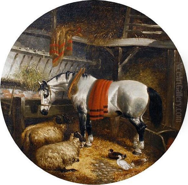 Horse, Sheep And Ducks In A Barn Oil Painting by John Frederick Herring Snr