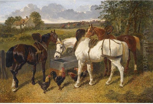 The Stableyard With A Hunt In The Distance Oil Painting by John Frederick Herring Snr