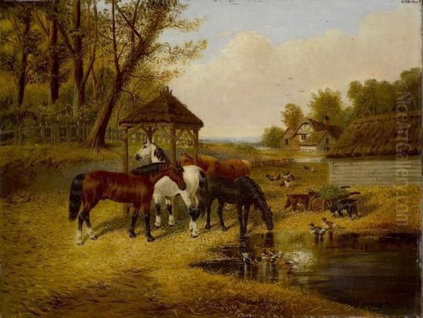 Pferde, Ziegen, Huhner Und Enten An Einem Teich Vor Einem Bauernhaus Oil Painting by John Frederick Herring Snr