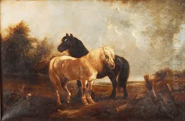 Horses Before A Landscape Oil Painting by John Frederick Herring Snr