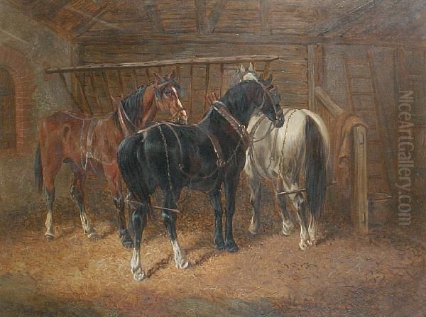 Horses In A Stable Oil Painting by John Frederick Herring Snr