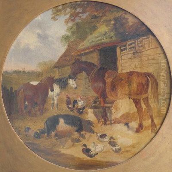 Horses, Pigs, Ducks And Poultry In A Farmyard Oil Painting by John Frederick Herring Snr