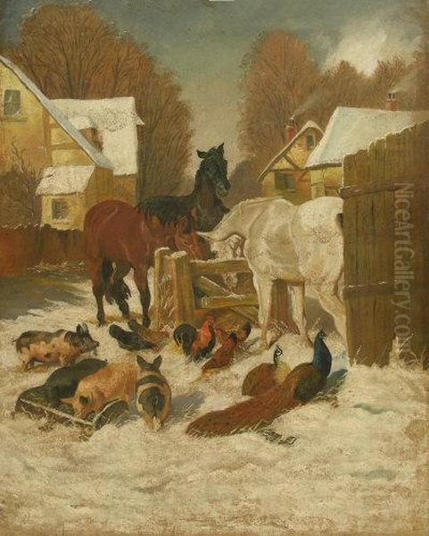 Winter Farmyard Scene Oil Painting by John Frederick Herring Snr