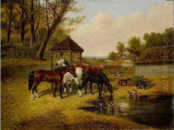 Pferde, Ziegen, Huhner Und Enten An Einem Oil Painting by John Frederick Herring Snr