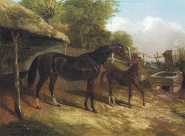 A Bay Mare And Her Foal, Outside A Field Shelter Oil Painting by John Frederick Herring Snr