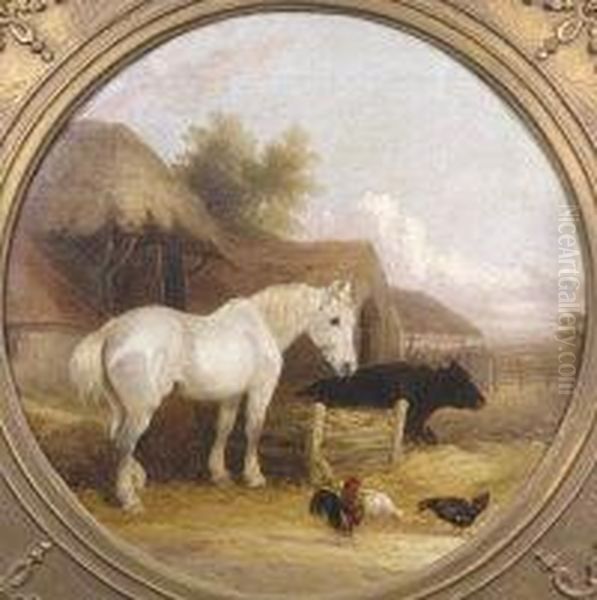 A Farmyard Scene With Horse, Chickens And Cow Oil Painting by John Frederick Herring Snr