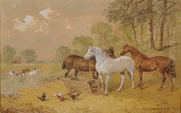 Horses By A Pond. Oil Painting by John Frederick Herring Snr