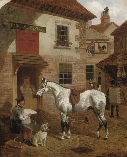 Figures And A Grey Stallion Before The Cock Inn Oil Painting by John Frederick Herring Snr